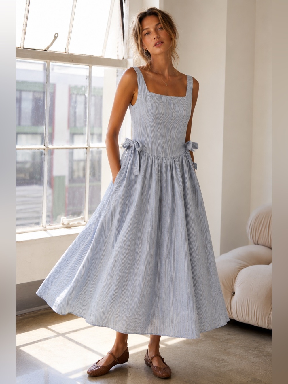 #252 Firm 🌸New!  Cotton Tie-Waist Square Neck Midi Dress